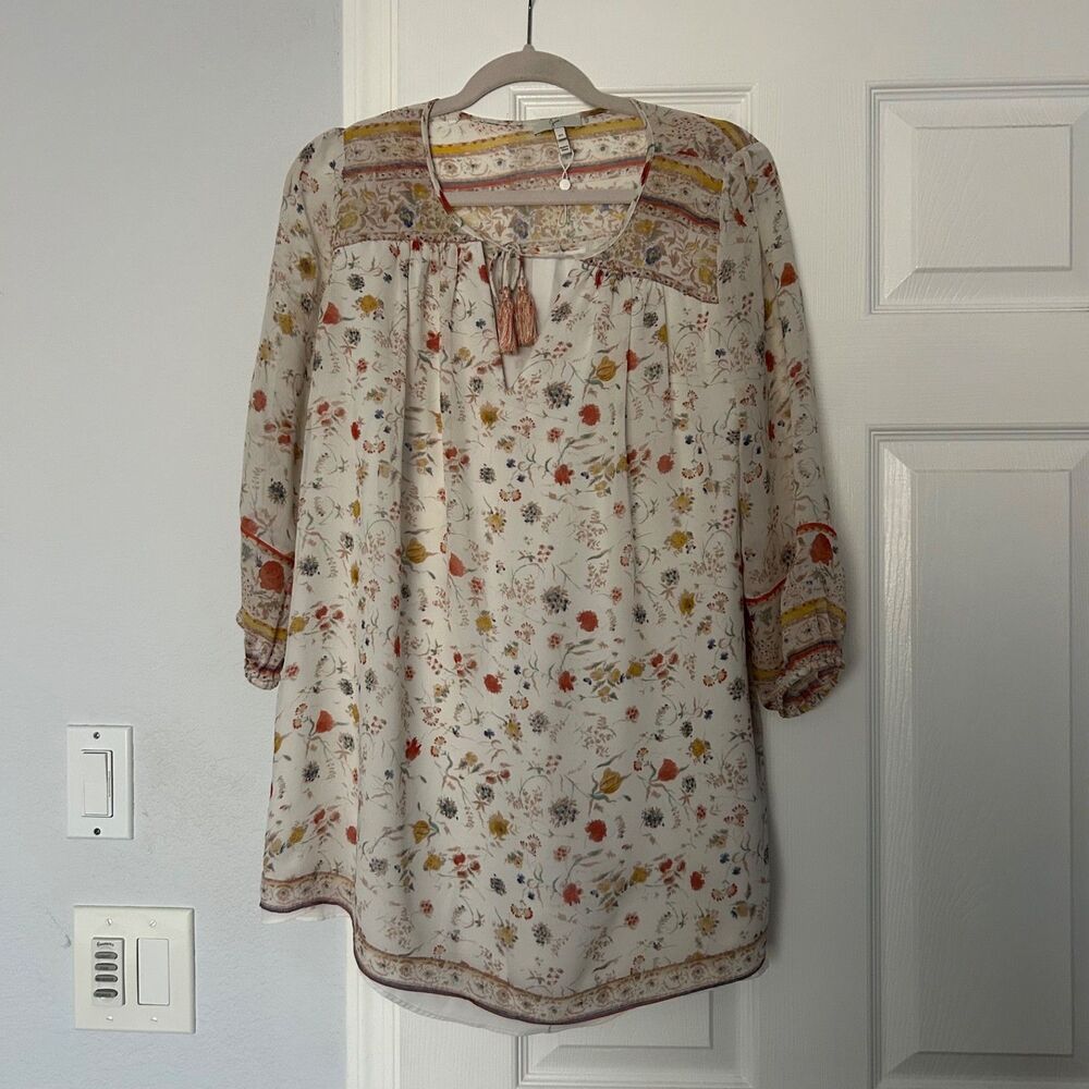 Joie Dress XSmall Womens Silk Floral Lined Sheer Boho Tassel Tie Porcelaine